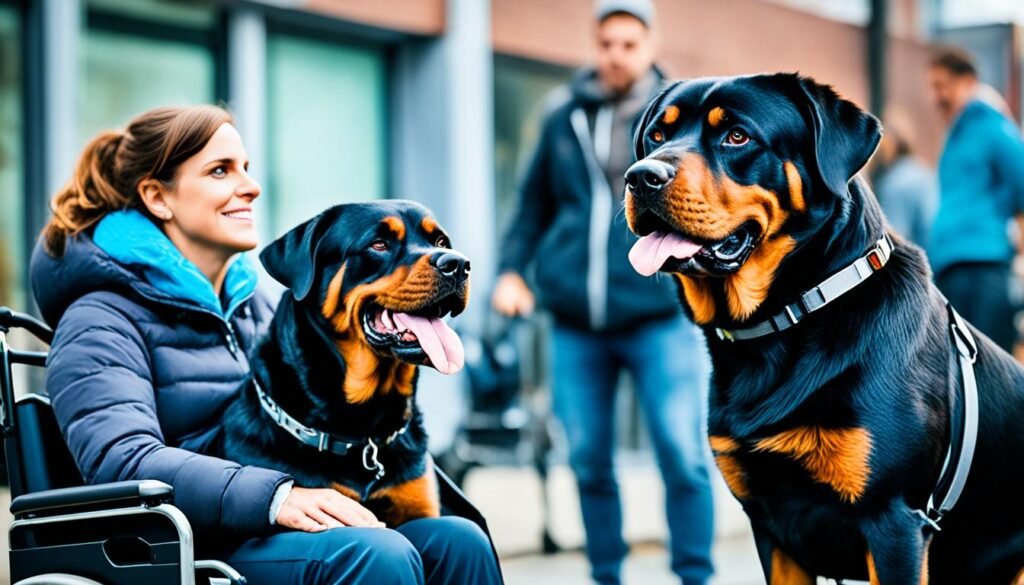 Rottweiler assisting person with disabilities